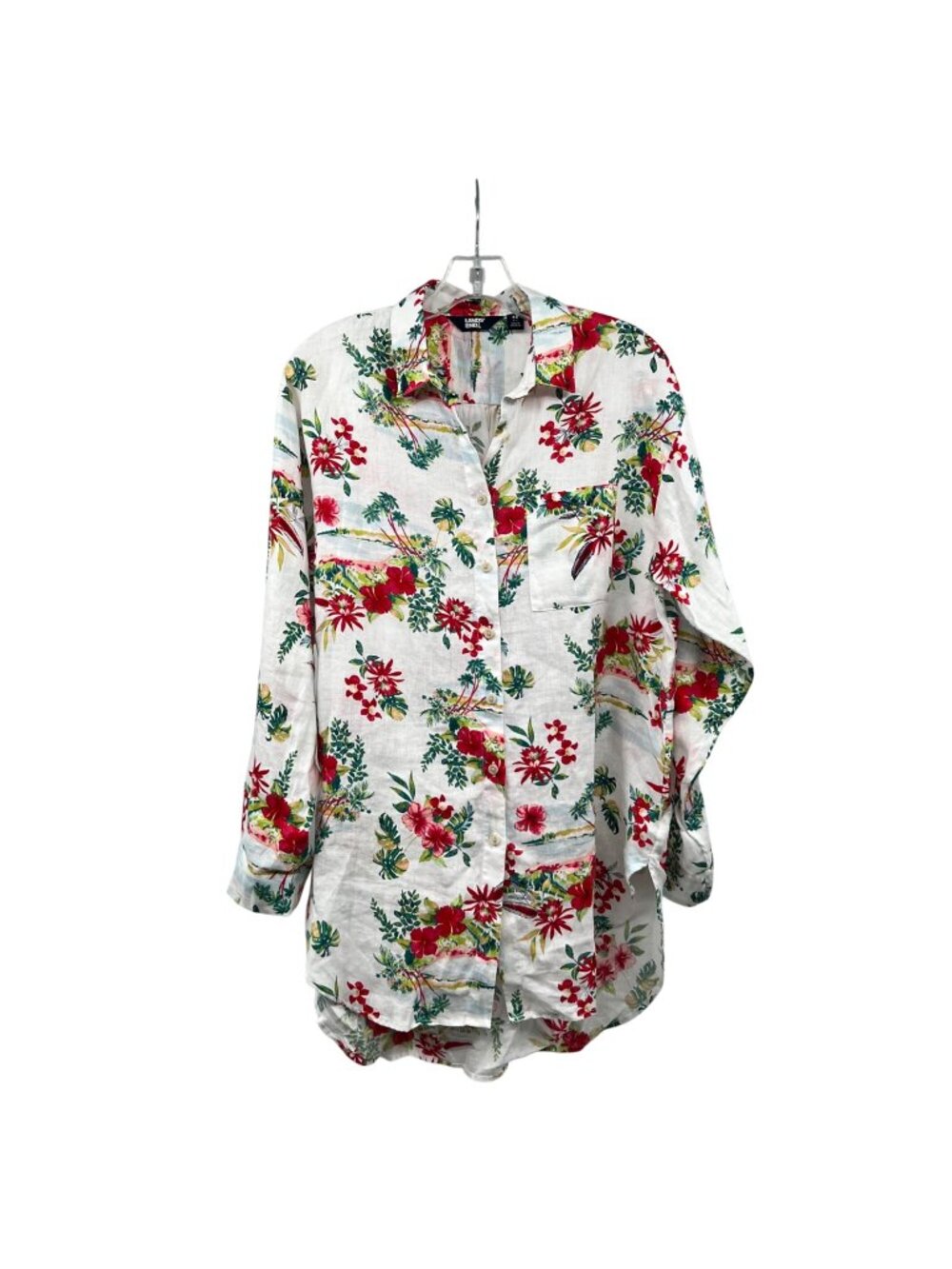 Lands' End Linen Oversized Shirt Dress Hi Low Floral Print Womens Size XS